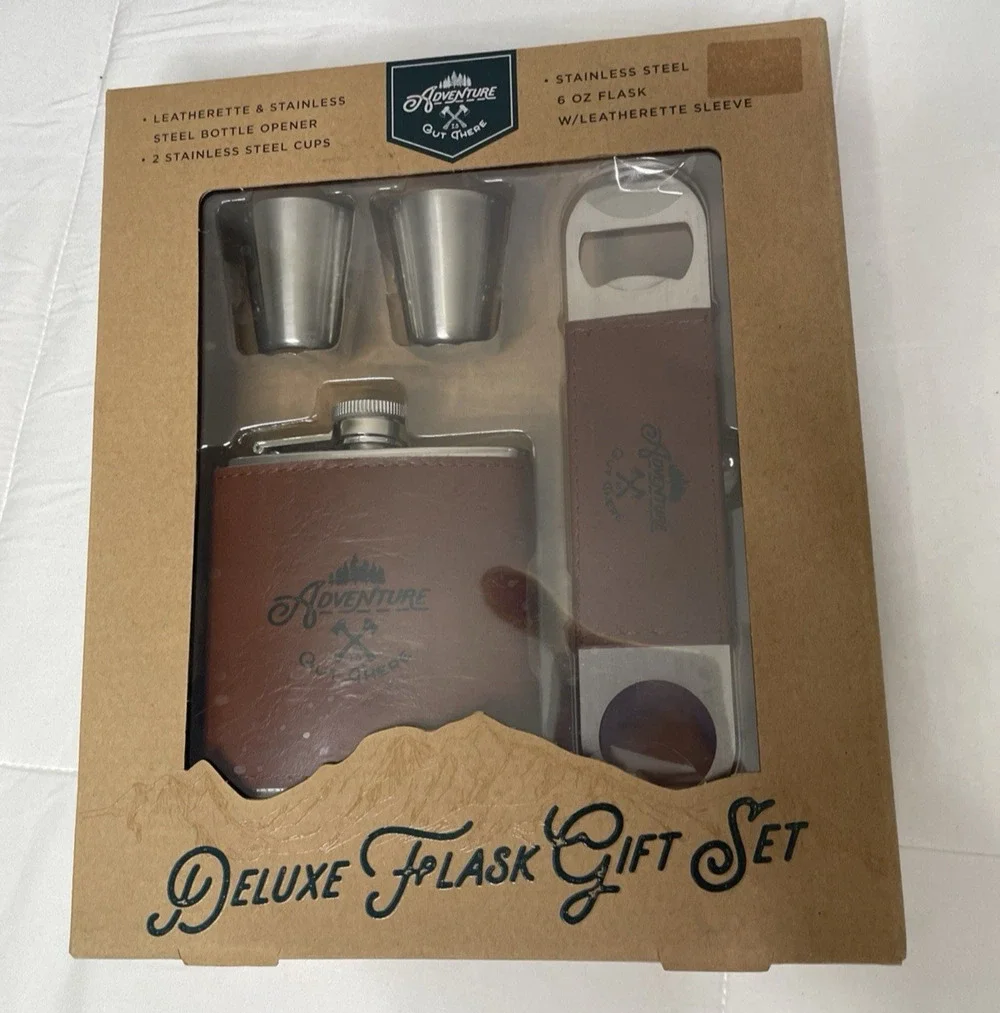Adventure Is Out There Deluxe Flask Gift Set 6 oz Cups Bottle Opener New